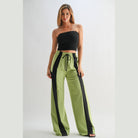 VacationGrabs comfortable wide leg lounge trousers in green with black stripes and drawstring waist
