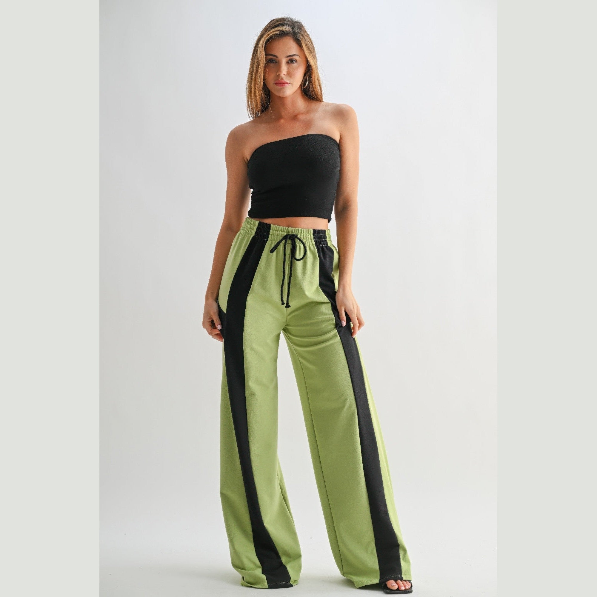 VacationGrabs comfortable wide leg lounge trousers in green with black stripes and drawstring waist