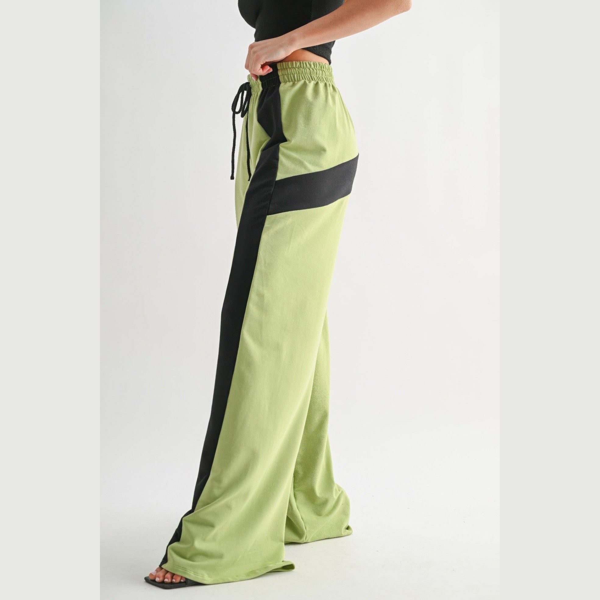 VacationGrabs comfortable wide leg lounge trousers in green with black stripe detail and elastic waistband