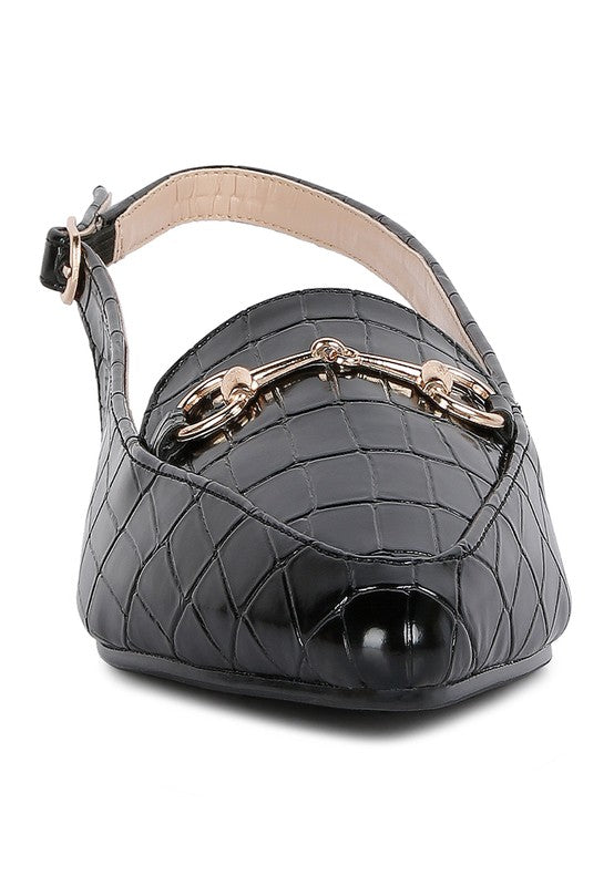 Stylish black croc slingback flat sandals with a unique design and buckle detail