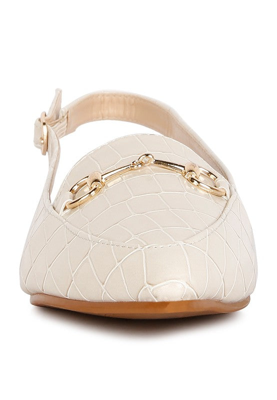 Elegant cream croc slingback flat sandals with chain detail, perfect for casual summer outings