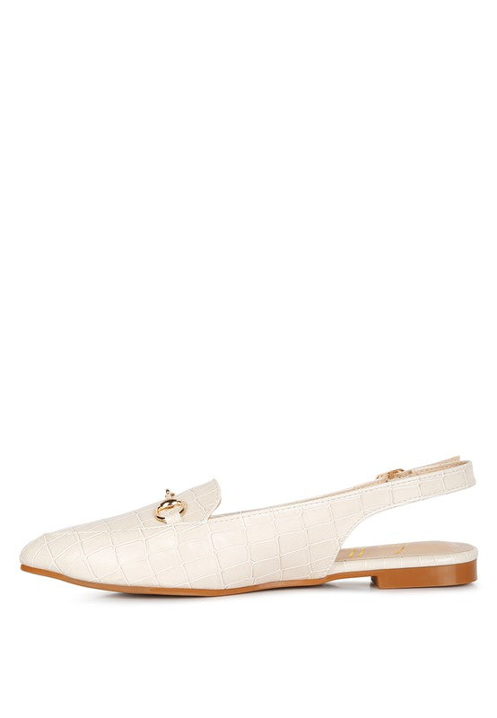 Stylish croc slingback flat sandals in cream with a subtle textured finish for casual outings