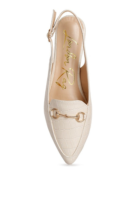 Elegant beige croc slingback flat sandals with a stylish gold chain detail for fashionable wear