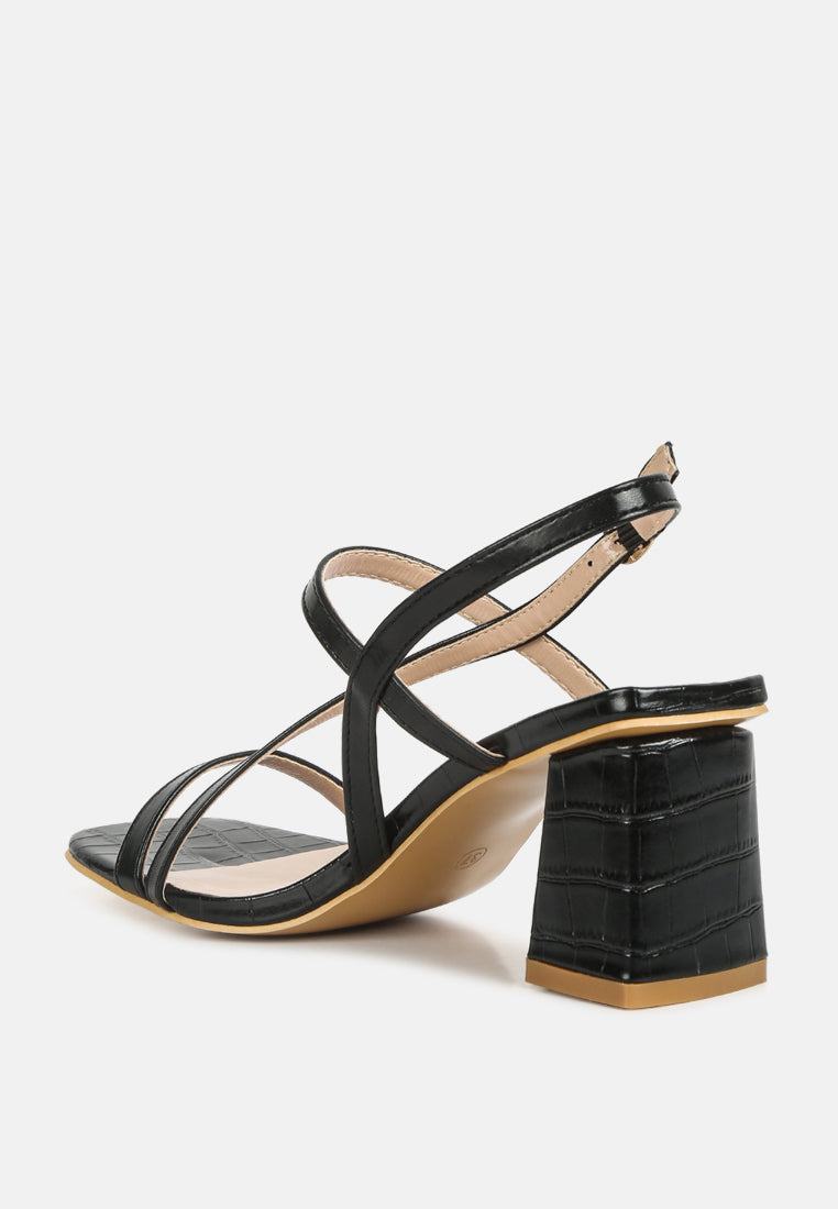 London Rag International croc texture block heel sandals in black with stylish strappy design