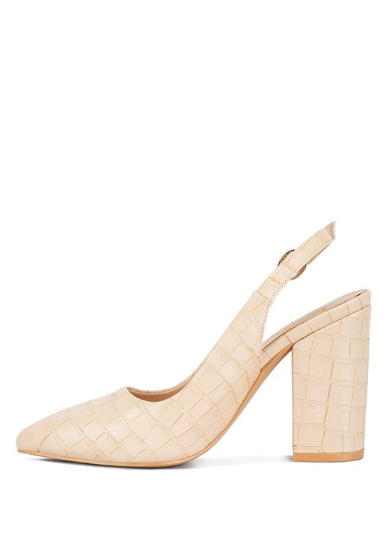 Women's croctexture sling back heels in beige with block heel design
