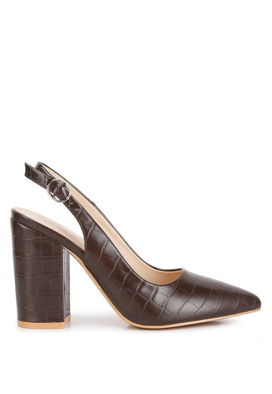 Women's brown croctexture sling back heels for stylish outfits