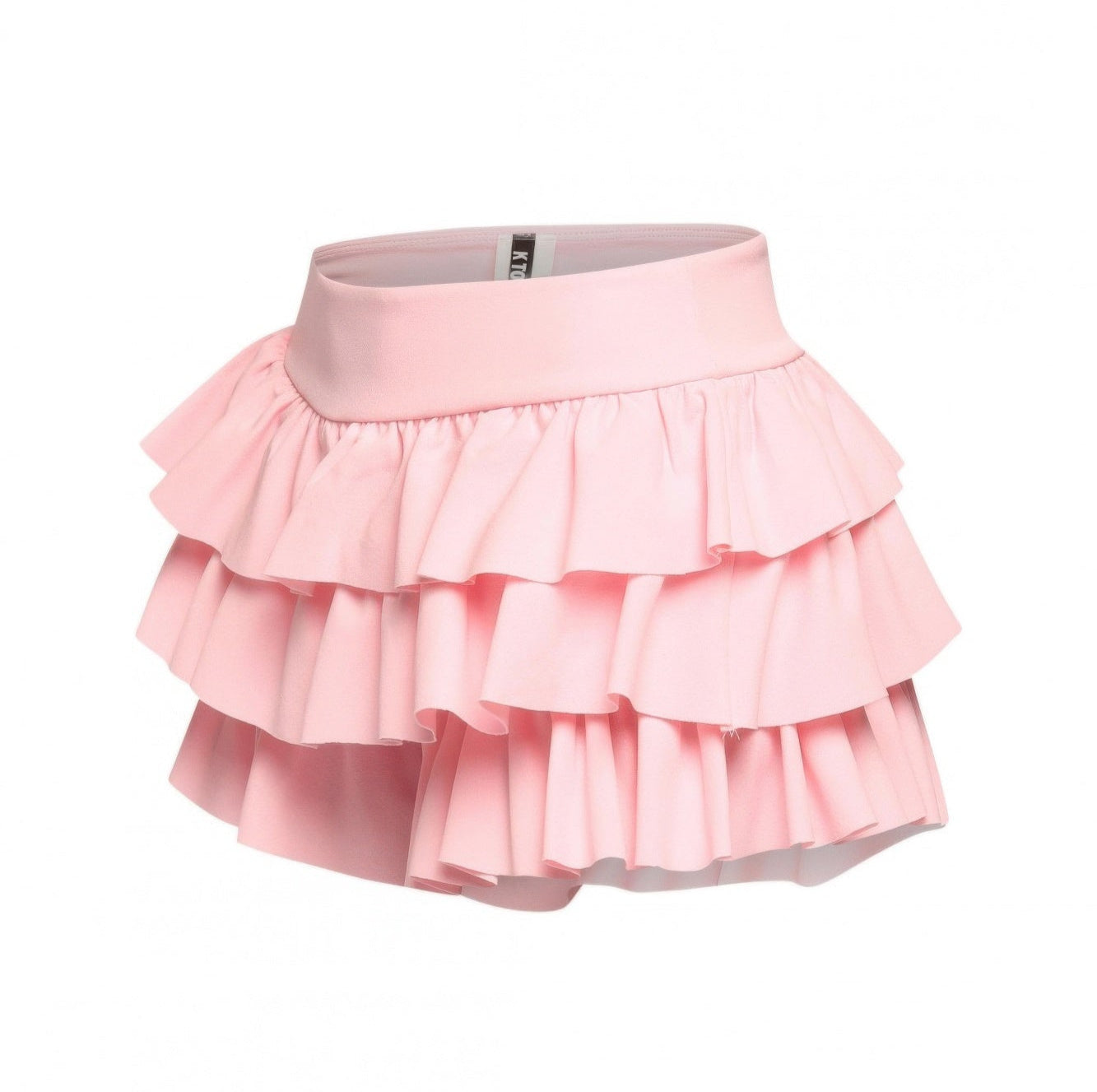 Pink curvy fashion ruffle shorts with layered frills for a stylish summer look