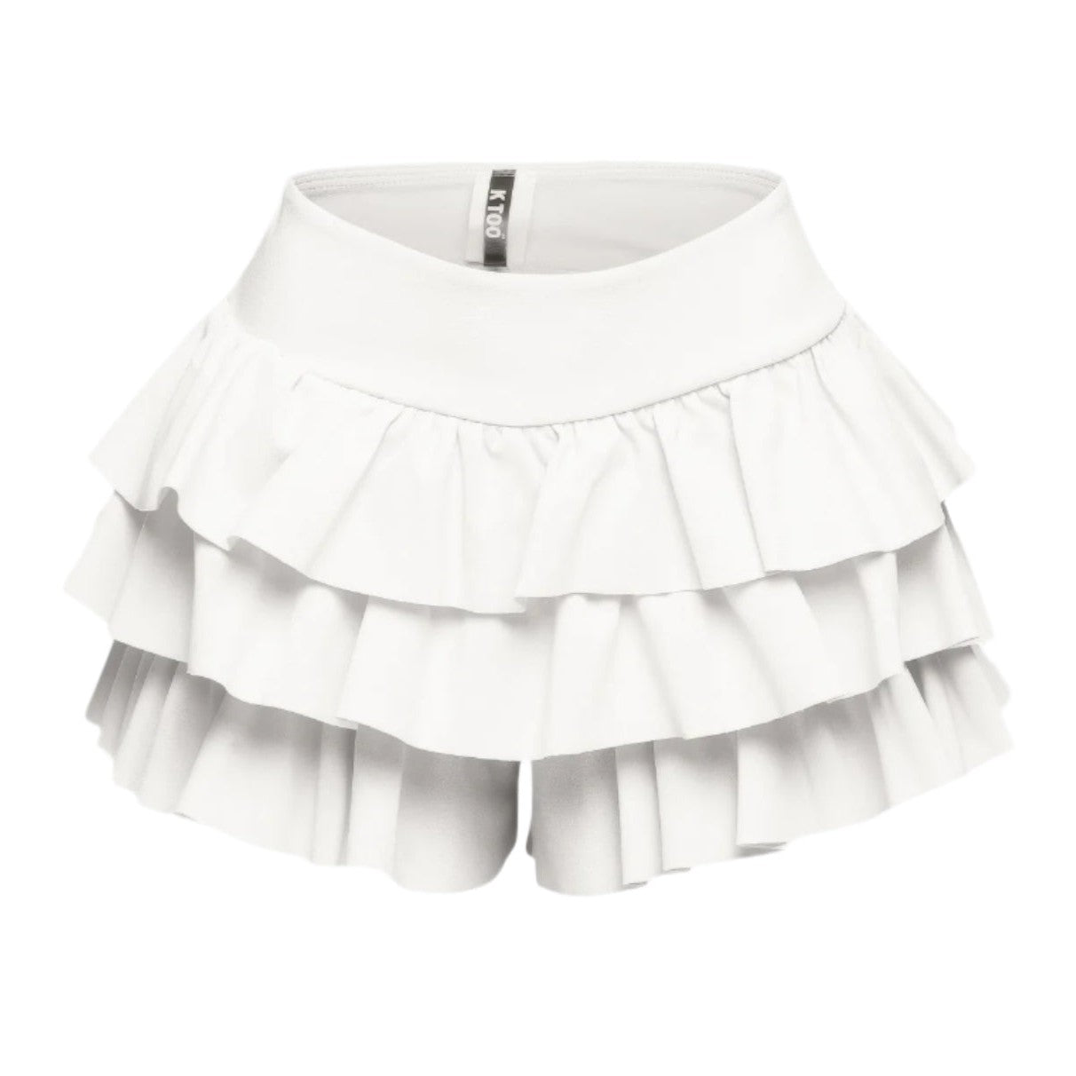 White curvy fashion ruffle shorts with layered design and comfortable elastic waistband
