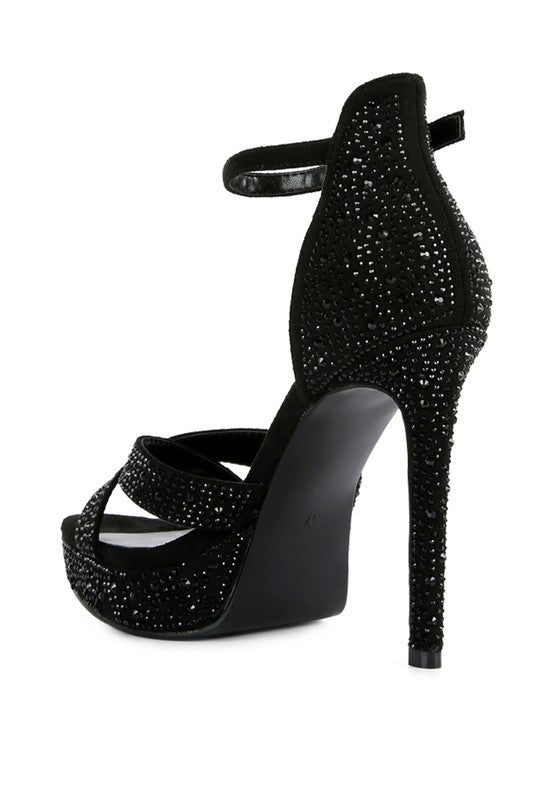 Black diamante high heel dress sandals for elegant evenings