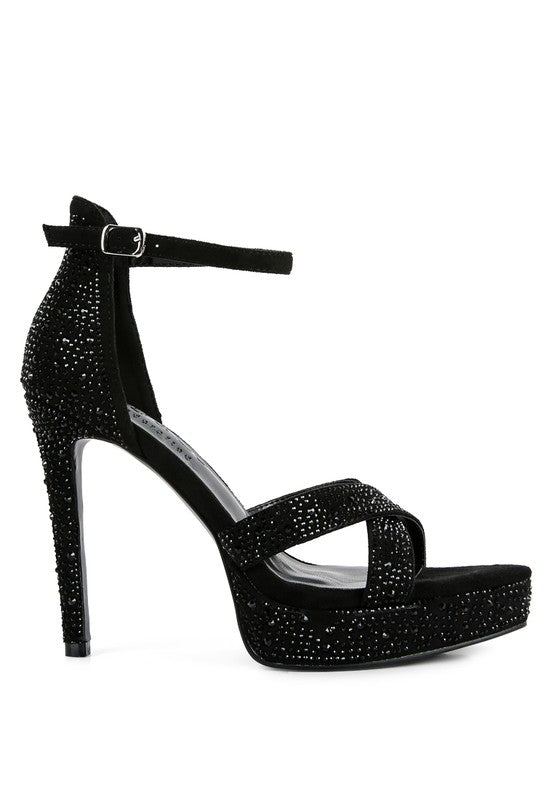 Black diamante high heel dress sandals with stylish ankle strap
