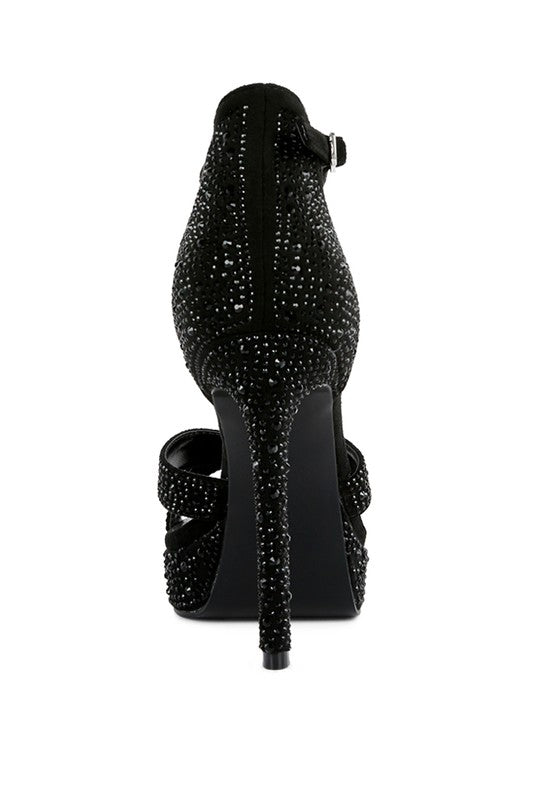 Women's black diamante high heel dress sandals, perfect for evening wear