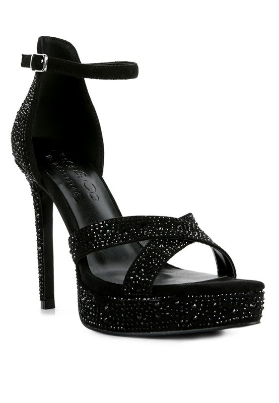 Women's black diamante high heel dress sandals for formal occasions