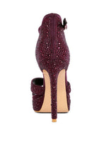 Women's diamante high heel dress sandals in burgundy with sparkling embellishments