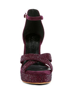 Women's burgundy diamante high heel dress sandals with sparkling embellishments