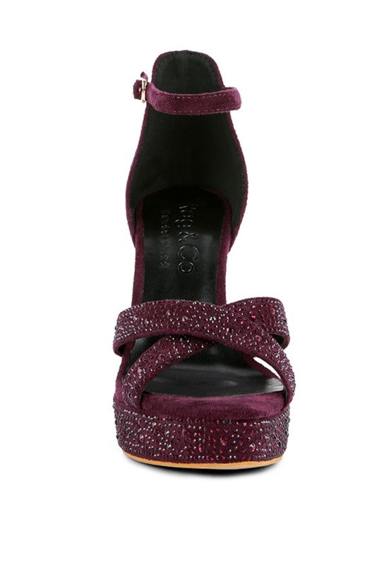 Women's burgundy diamante high heel dress sandals with sparkling embellishments