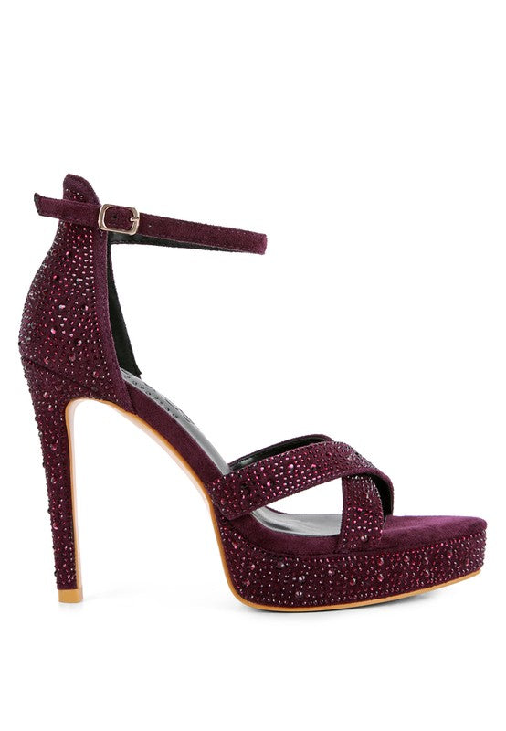 Rag Company diamante high heel dress sandals in burgundy with strap