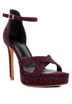 Rag Company diamante high heel dress sandals in burgundy, perfect for formal events