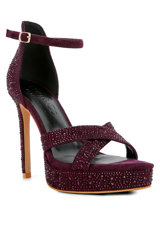 Rag Company diamante high heel dress sandals in burgundy, perfect for formal events