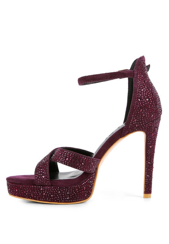 Women's diamante high heel dress sandals in deep burgundy for formal events