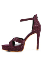 Women's diamante high heel dress sandals in deep burgundy for formal events