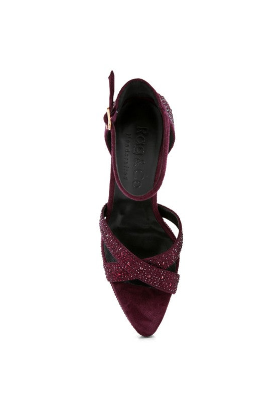 Rag Company diamante high heel dress sandals in burgundy suede