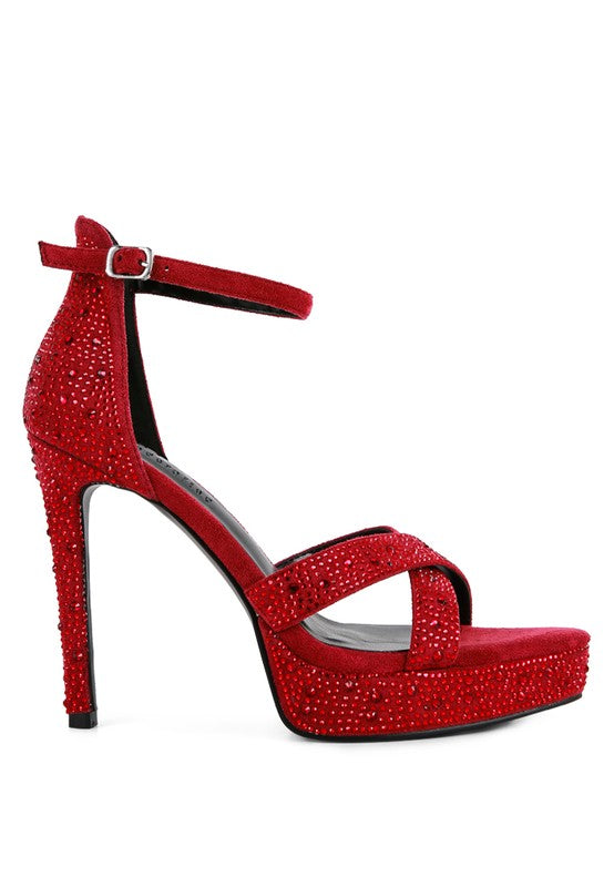 Red diamante high heel dress sandals with ankle strap for elegant occasions