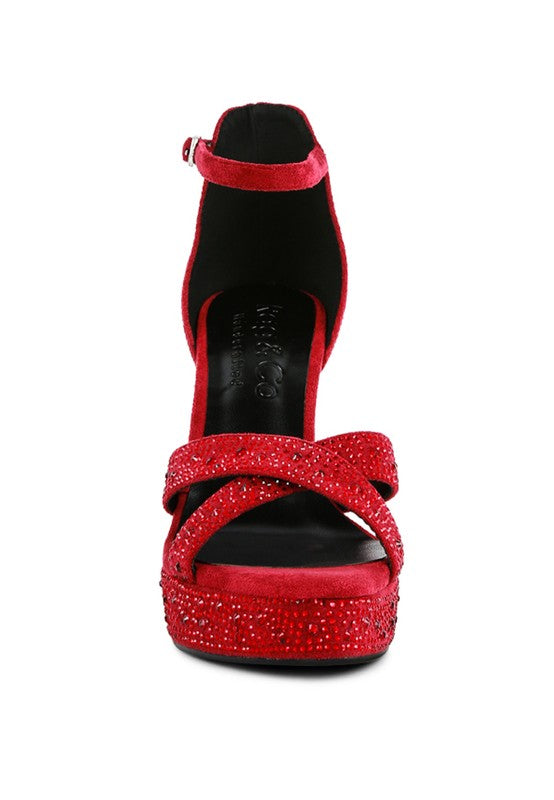 Red diamante high heel dress sandals with stylish straps for special occasions