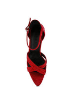 Red diamante high heel dress sandals with cross strap design