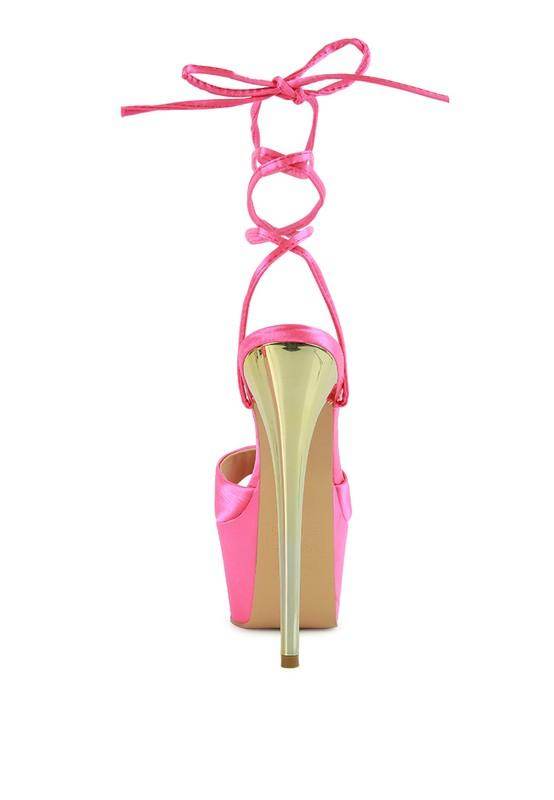 Rag Company dramatic lace-up high heels in vibrant pink with a sleek stiletto design