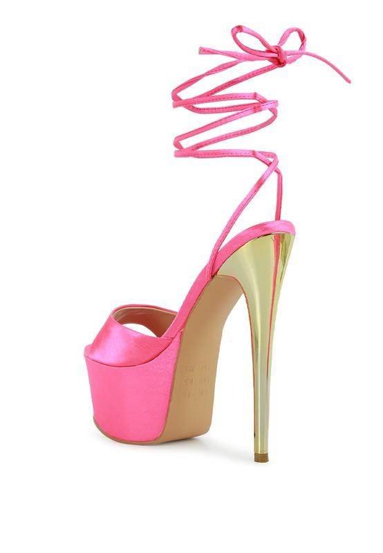 Rag Company dramatic lace-up high heels in bright pink with a gold stiletto for stylish elevation