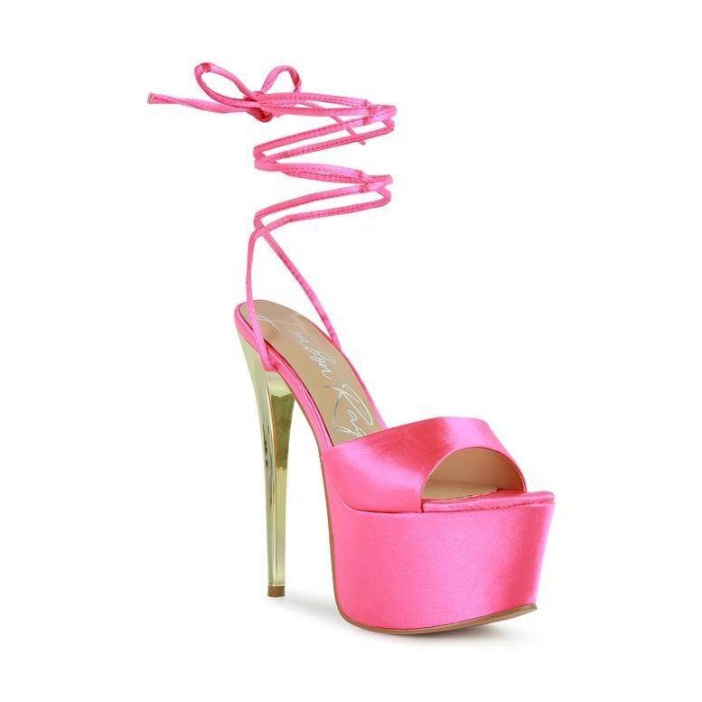 Rag Company dramatic lace-up high heels in vibrant pink satin with a bold platform design