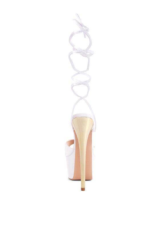 Rag Company dramatic lace-up high heels in white with a stylish ankle tie and high stiletto heel