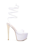 Rag Company dramatic lace-up high heels in white with a sleek platform and stylish spiral laces