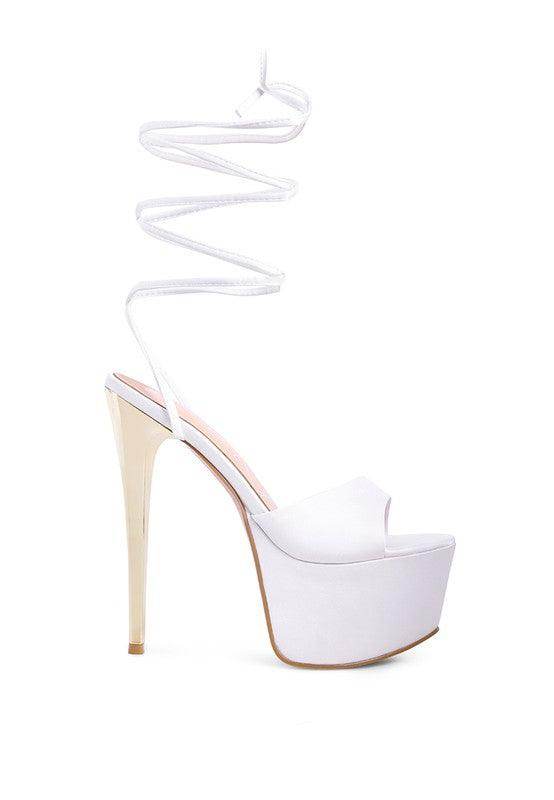 Rag Company dramatic lace-up high heels in white with a sleek platform and stylish spiral laces