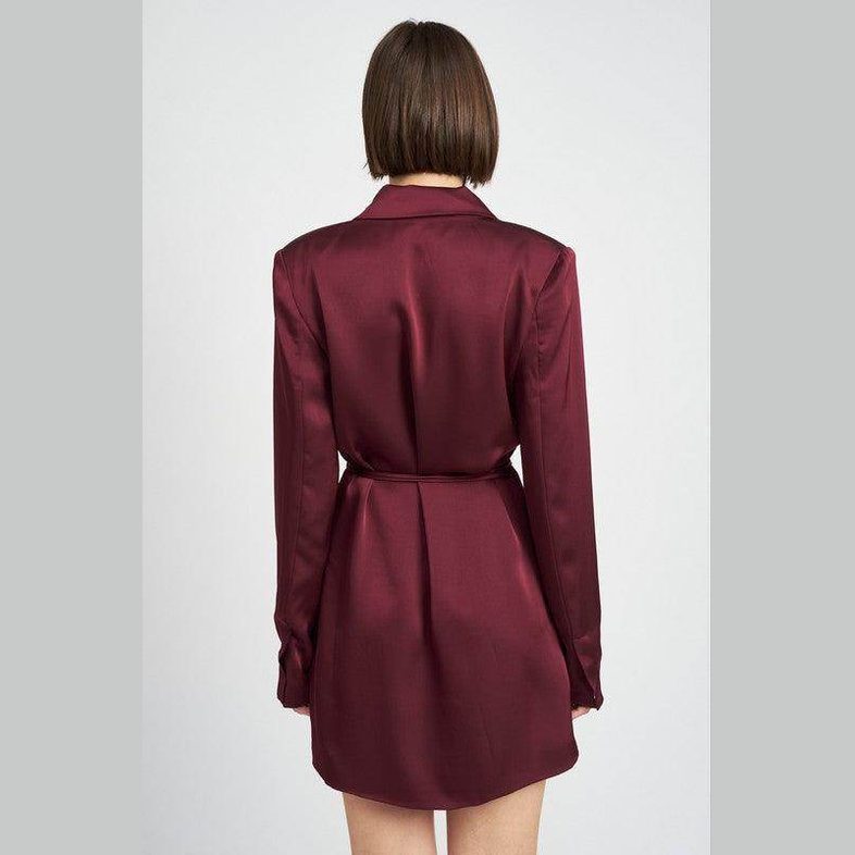 Emory Park drawstring mini dress in burgundy with long sleeves and a tailored fit.