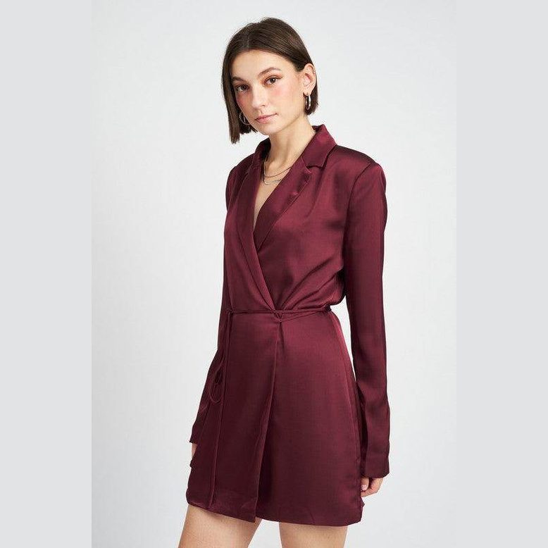 Emory Park Burgundy Drawstring Mini Dress with Long Sleeves and Wrap Design