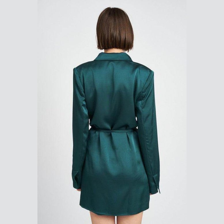 Back view of Emory Park drawstring mini dress in teal satin with long sleeves and tailored fit
