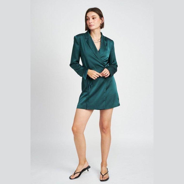 Teal Emory Park drawstring mini dress with long sleeves and a wrap design for a chic look