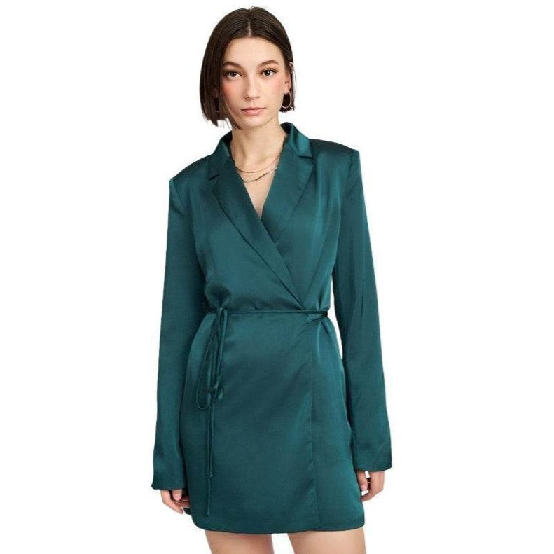 Emory Park teal drawstring mini dress with a stylish lapel collar and long sleeves