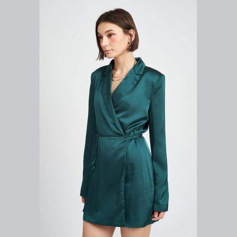 Emory Park drawstring mini dress in teal with a wrap design and long sleeves for stylish casual wear