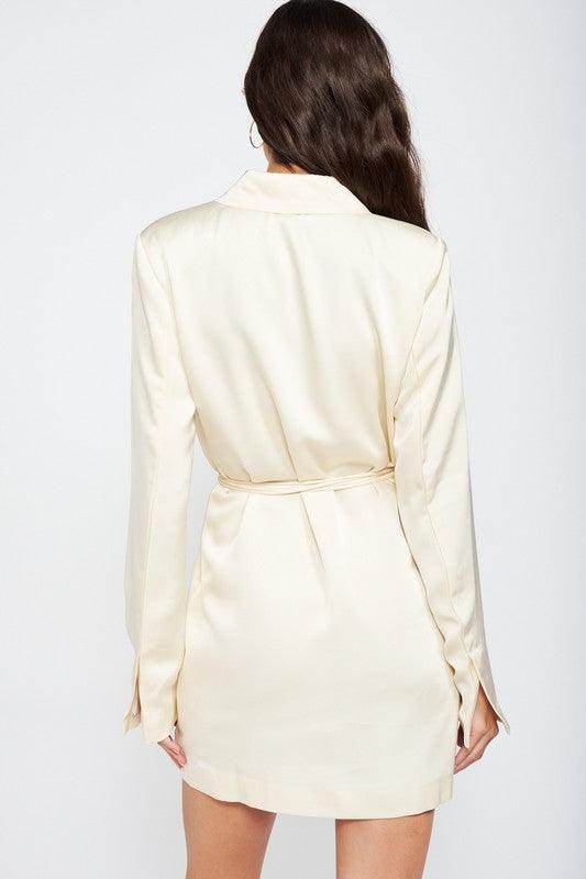 Emory Park Women's Drawstring Mini Dress in Cream with Long Sleeves and Belted Waist