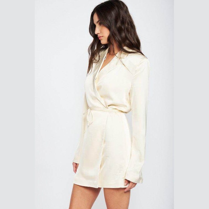 Emory Park Women's drawstring mini dress in cream color with long sleeves and a wrap design