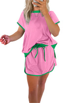 YNIQUE drop shoulder casual summer set in pink with green trim featuring a loose top and drawstring skirt