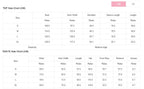 Size chart for YNIQUE drop shoulder casual summer set showing measurements for top and pants in centimeters