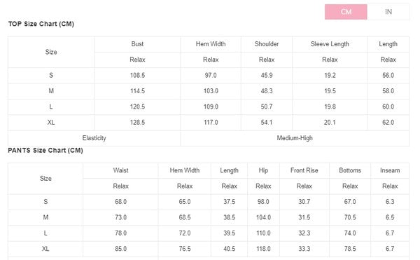 Size chart for YNIQUE drop shoulder casual summer set showing measurements for top and pants in centimeters