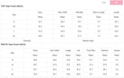 YNIQUE drop shoulder casual summer set size chart with measurements for bust, waist, and length in inches