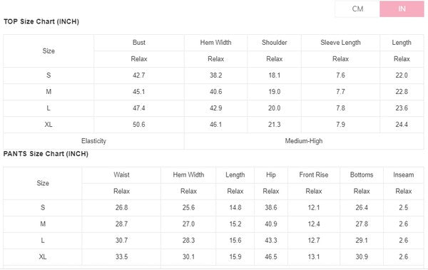YNIQUE drop shoulder casual summer set size chart with measurements for bust, waist, and length in inches