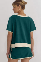 YNIQUE drop shoulder casual summer set with teal top and skirt featuring cream trim details