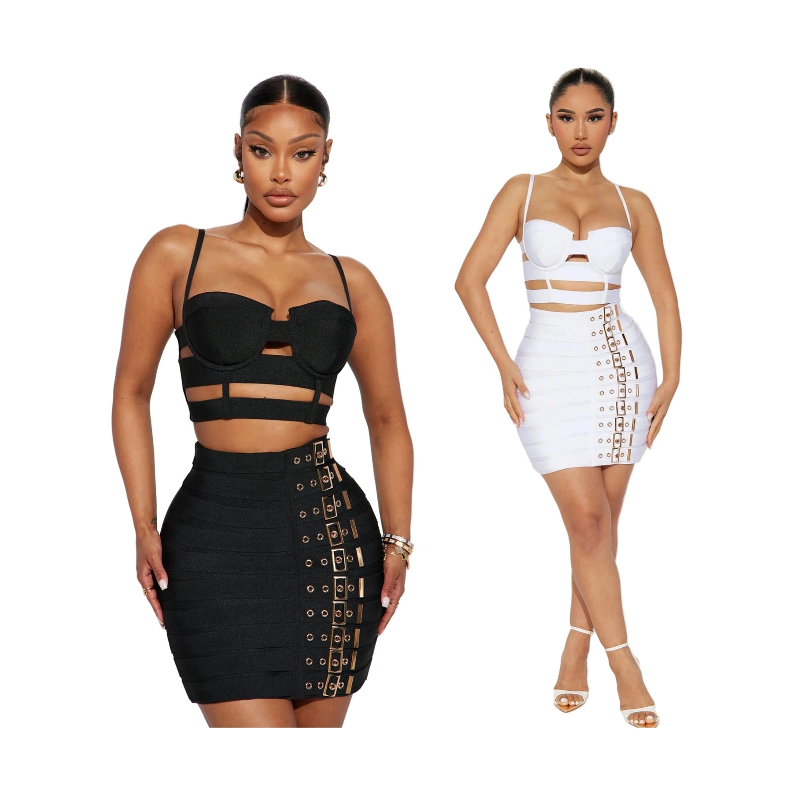 Women wearing black and white edgy party outfit for women with strappy tops and buckle detail skirts