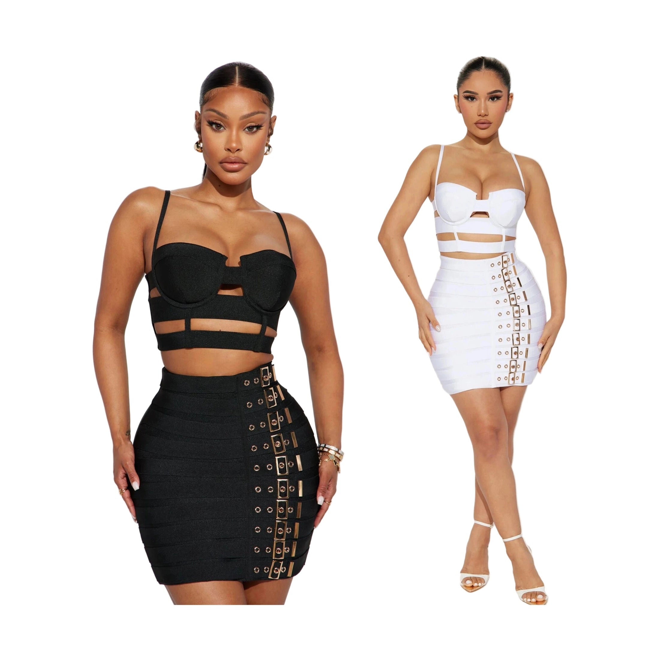 Women wearing black and white edgy party outfit for women with strappy tops and buckle detail skirts
